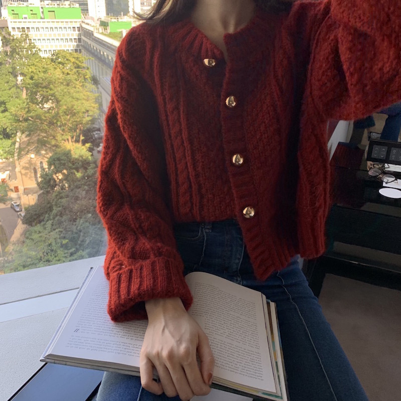 Cherry red sweater women's loose outer wear knitted cardigan winter 2024 New coat lazy style top