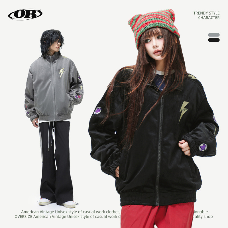 OREETA Autumn and Winter Velvet Jacket Embroidered American Jacket Jacket Men's High Street Ins Suede Fashion Brand Jacket Women