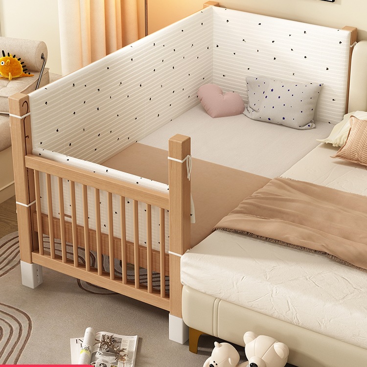 Beech Wood Children's Splicing Bed, Solid Wood Side Adjustable Baby Crib, Small Bed, Adults Can Sleep Next to It, Widened Version