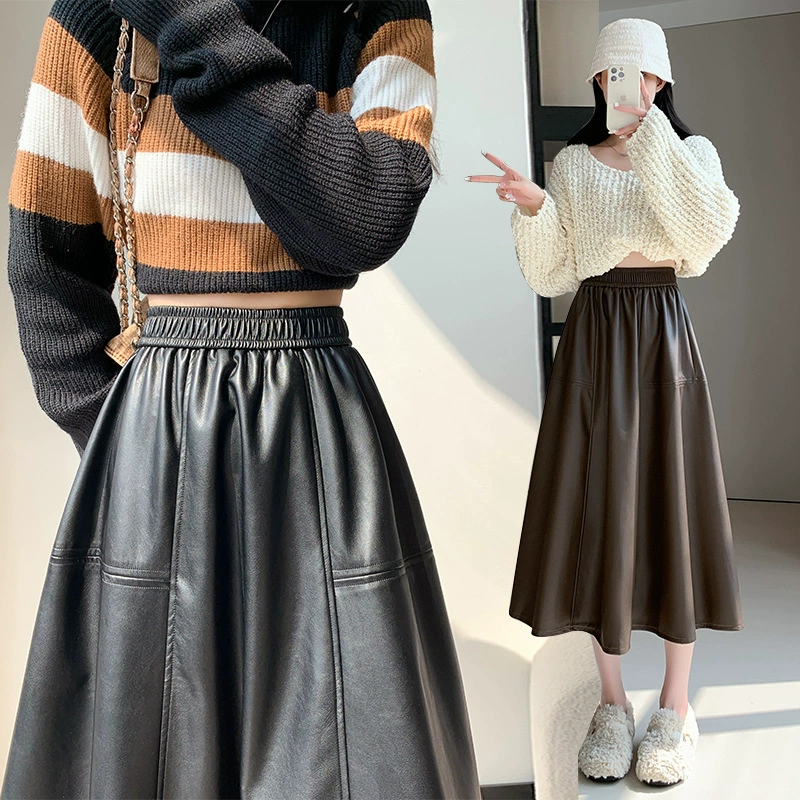 Реальные снимки черной кожаной юбки женской осенней высокой подвески