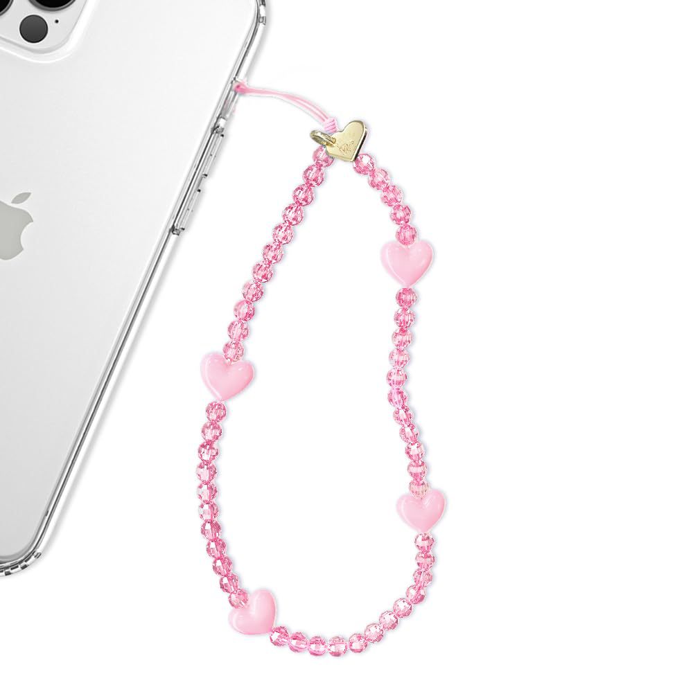 Cut-Corner Chalcedony Heart Mobile Phone Chain Stainless Steel Heart Pendant Mobile Phone Chain Pink Cut-Corner Bead Heart Mobile Phone Chain
