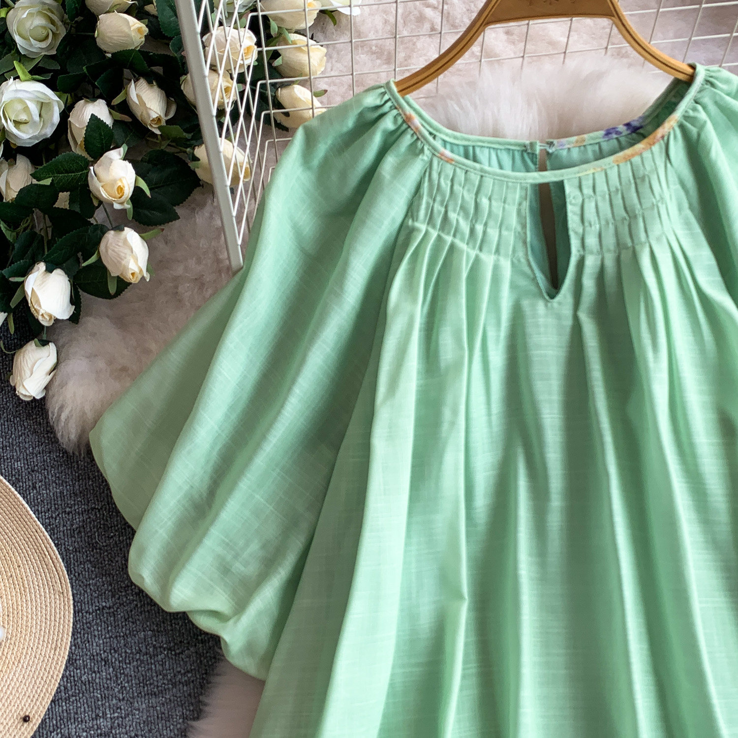 Women's French Romantic Style Dress Lantern Sleeve Printed Summer Pleated Hollow Round Neck Loose Long_ecoleips.com