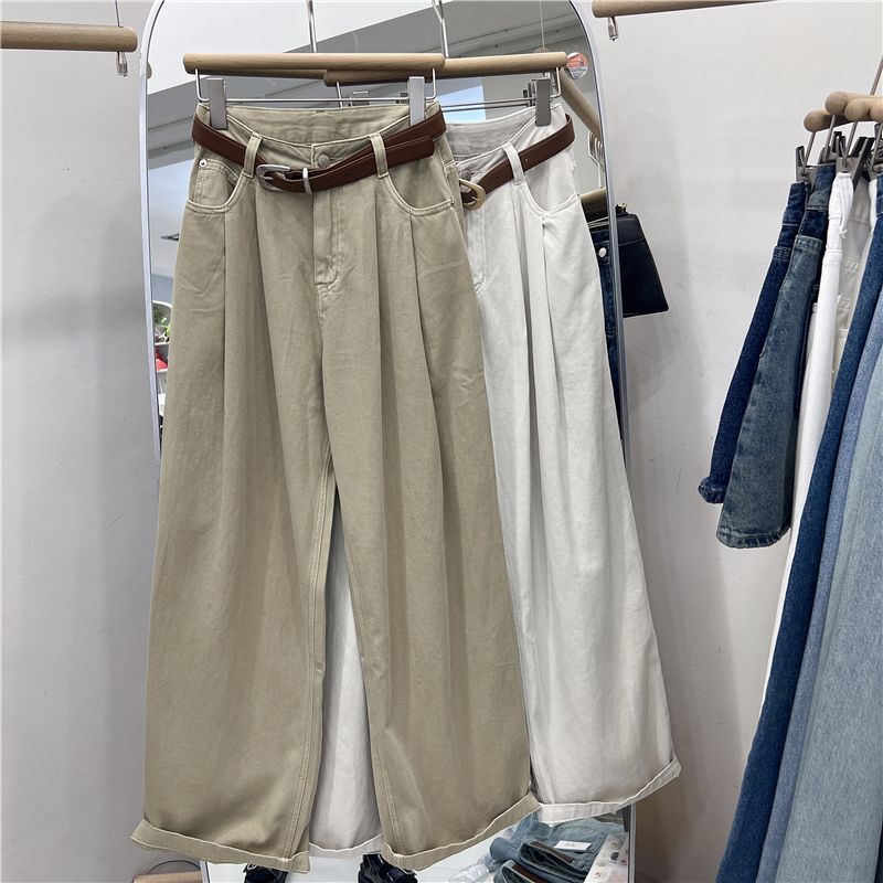 khaki Jeans Women's 2025 Spring New Hong Kong-style Pear-shaped High Waist Slimming Harlan Straight-leg Wide-leg Pants