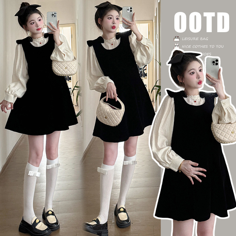 2025 New Autumn Clothing Bow Velvet Maternity Dress + Fungus Shirt Bottoming Sweet Two-Piece Set 2025 New Autumn Clothing Bow Velvet Maternity Dress + Fungus Shirt Bottoming Sweet Two-Piece Set
