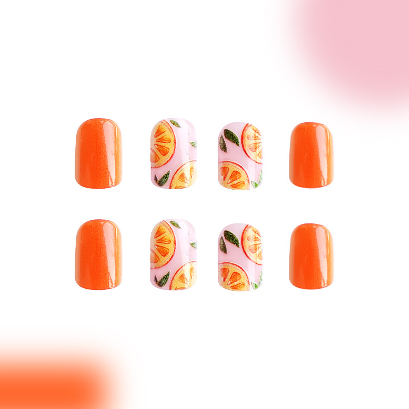 Unghie corte quadrate inizio primavera colore di contrasto arancione fresco semplice fresco dolce primavera commercio estero indossare unghie bellezza unghie pezzo unghie 24 pezzi_voghion.com