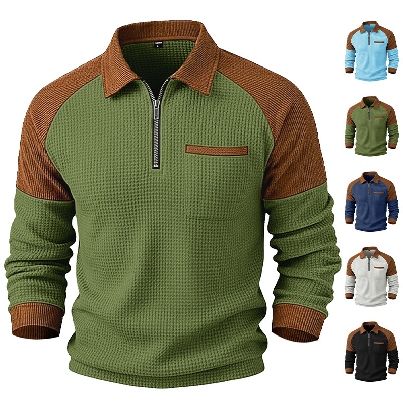 Polo da uomo in maglia waffle con collo a risvolto e zip_voghion.com