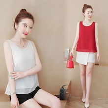 2025夏双层雪纺吊带背心女内搭宽松雪纺衫女无袖上衣打底短款外穿