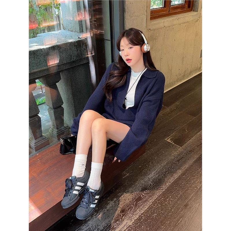休闲套装女春秋新款松弛感简约针织衫上衣松紧腰阔腿短裤子两件套|undefined