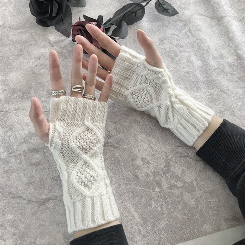 Knitted gloves for women autumn and winter fingerless gloves men's wrist warm half-finger woolen gloves solid color fake sleeves for student couples