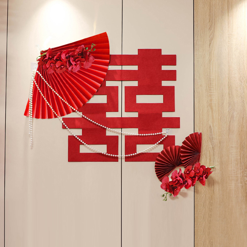 Boda estilo chino Xi personaje colgando pintura boda diseño de la habitación Fondo pared compromiso foto accesorios flor artificial Paquete de caligrafía