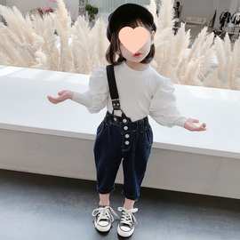 儿童套装春秋款男女新款韩版春季单肩长袖背带裤女儿童背带两件套