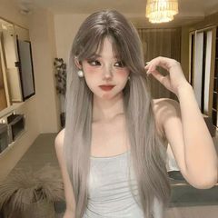【アジア系鉛灰】かつらの女性の小額レースの気質染色グラデーションの長いストレート髪は頭皮のかつらをシミュレーションします。