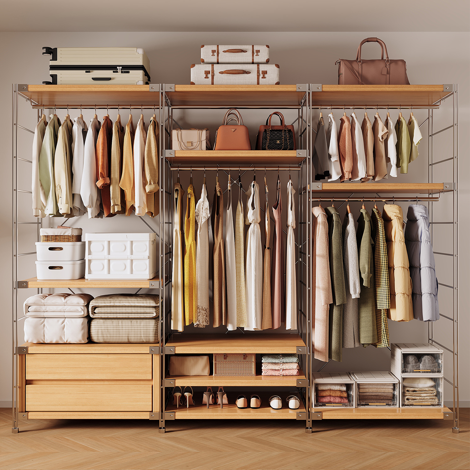 Open Wardrobe Home Bedroom Cloakroom Metal Floor-Standing Shelf New Japanese Walk-In Combination Hanging Wardrobe