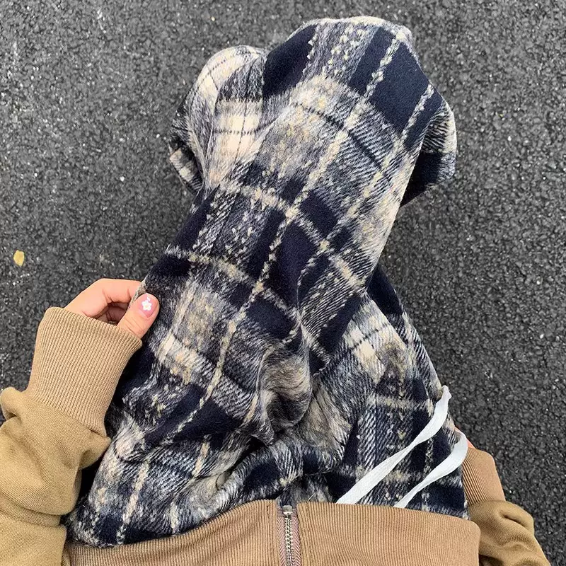 毛呢格子裤女春秋高腰垂感宽松直筒拖地长裤窄版阔腿裤女秋冬显瘦