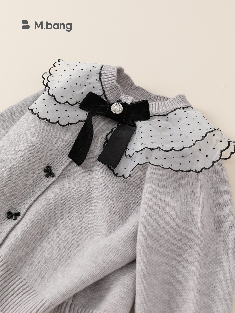Yubao ropa infantil para niñas otoño y invierno nuevo cardigan de punto de punto para niñas arco ondulado suéter de encaje abrigo