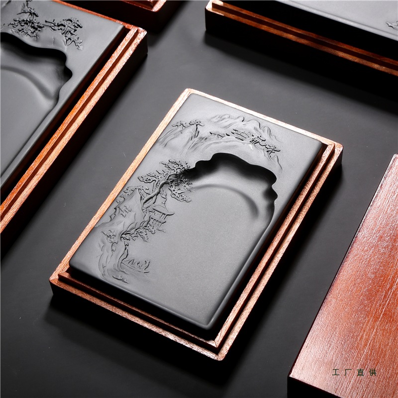 Anhui Xieyan, Famous Master-Designed Landscape Scholar Inkstone, Exquisite Natural Old Pit Raw Stone Black Dragon Tail Xieyan Study Room