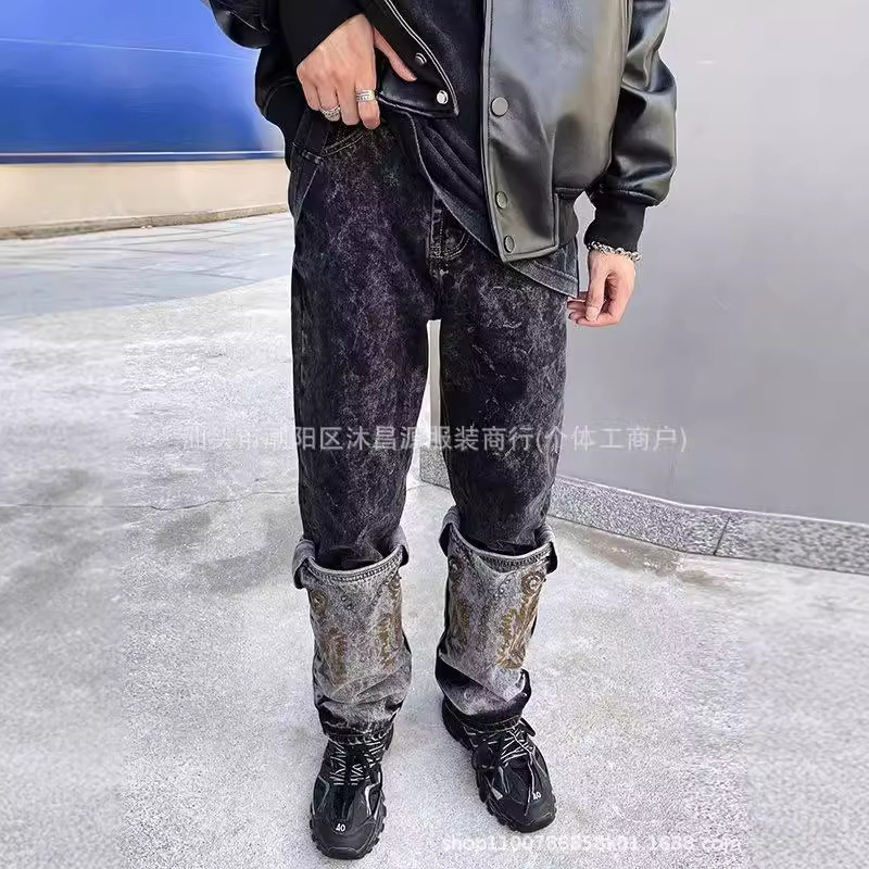 Trendy Brand American Style High Street 2024 Two-color Stitching Trendy Jeans Men's Hip-hop Style Western Retro Casual Pants