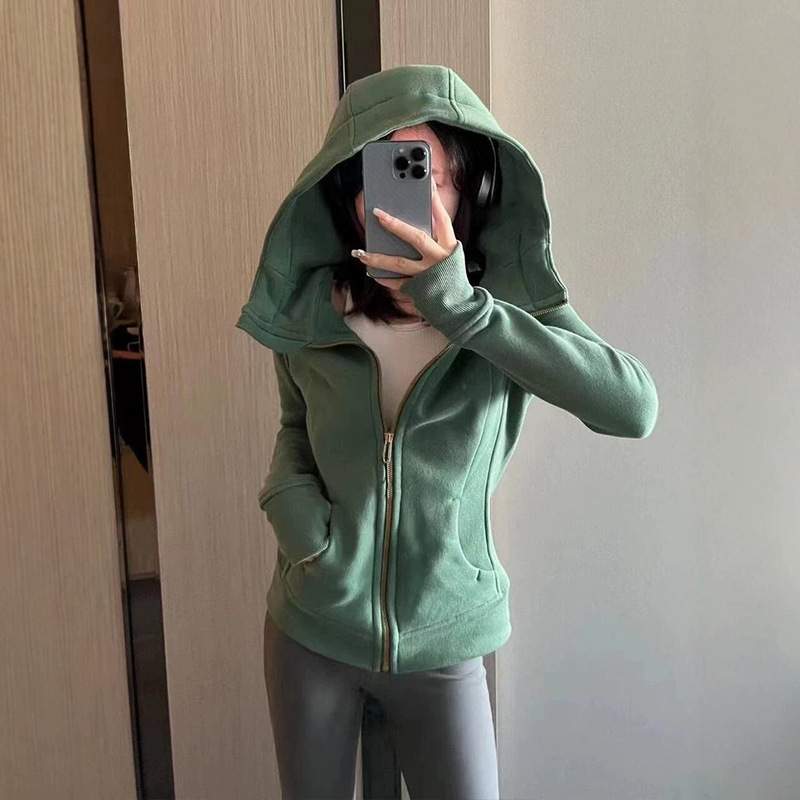 Forest green slim-fit sweatshirt jacket for women, spring and autumn, short style with a fitted waist, Korean-style early autumn outfit Forest green slim-fit sweatshirt jacket for women, spring and autumn, short style with a fitted waist, Korean-style early autumn outfit
