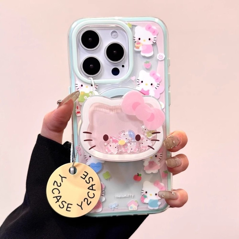 シェイクピンクとグリーンのキティ、磁気スタンド付き Apple 16promax 携帯電話ケース 15/14 ソフト 13 女性 12 に適しています|undefined