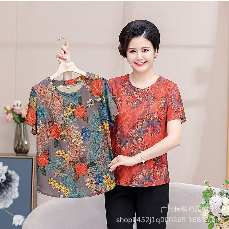 2026 New Style Short-Sleeve T-Shirt for Mothers, Grandma Floral Shirt, Summer Middle-Aged and Elderly Women's Clothing, Cheap T-Shirt, Street Vendor Supply
