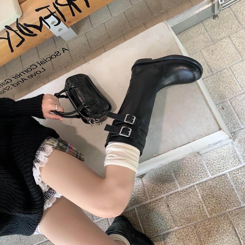 Cowhide~Black Leather Buckle Low-Heeled Mid-Calf Motorcycle Boots, Genuine Leather Autumn and Winter New Style Round-Toe High-Calf Riding Boots for Women Cowhide~Black Leather Buckle Low-Heeled Mid-Calf Motorcycle Boots, Genuine Leather Autumn and Winter New Style Round-Toe High-Calf Riding Boots for Women