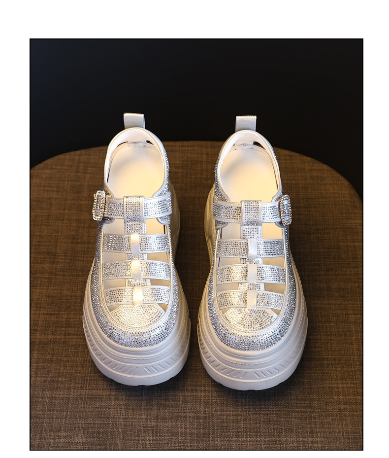 Giày sneaker nữ đế dày tăng chiều cao, phối đá rhinestone, kiểu dáng thể thao trắng tinh — màu trắng chi tiết 19