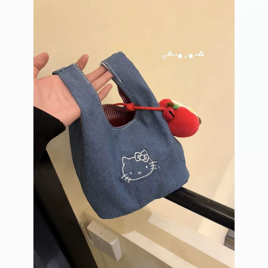 Симпатичный новый джинсовый kitty пригородной вышивкой сумка портативная сумка