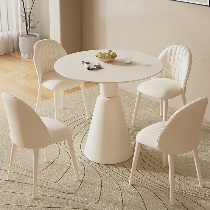 Minimalist round dining table with rock slab, light luxury modern cream style, white reception and meeting table, small apartment leisure coffee table Minimalist round dining table with rock slab, light luxury modern cream style, white reception and meeting table, small apartment leisure coffee table