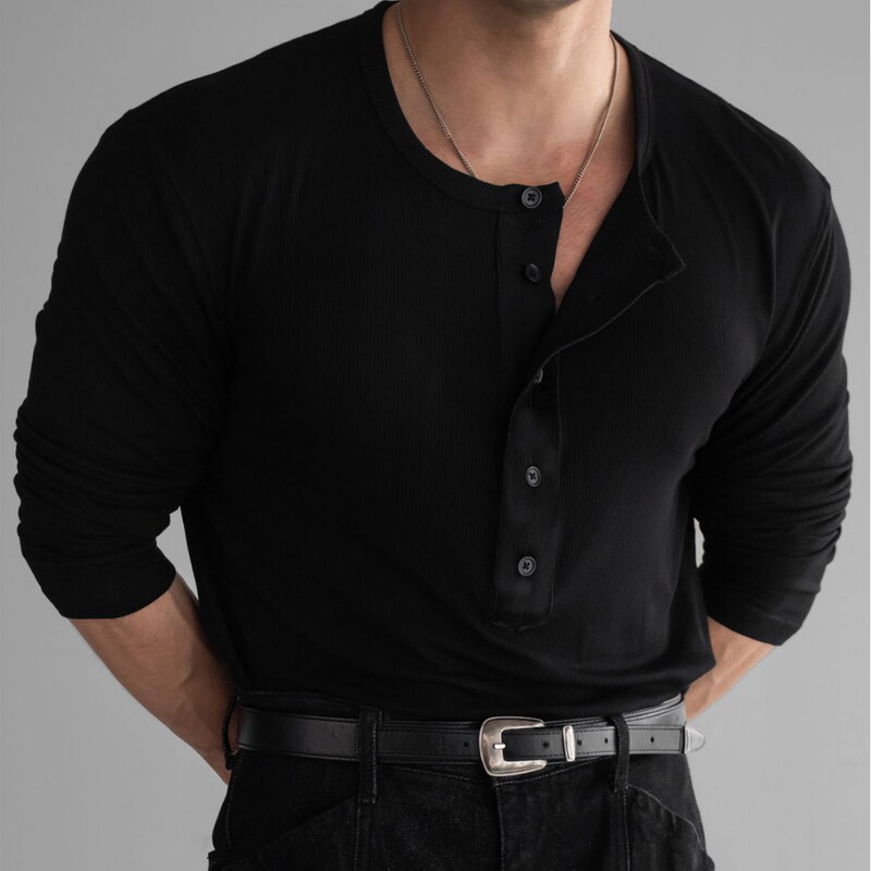 Spring and Autumn New Henry Shirt Long-sleeved T-shirt Sports Top Fitness Clothes Men's Base Stretch Slim Polo Shirt