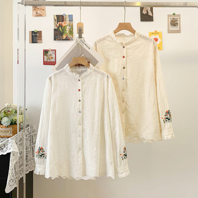 2026 Spring New Style Sleeve Embroidered Flowers Stand Collar Loose Women's Cardigan Long Sleeve Shirt Top