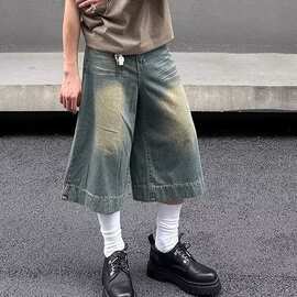 夏季牛仔短裤男女直筒美式复古水洗高街阔腿做旧休闲百搭七分裤帅