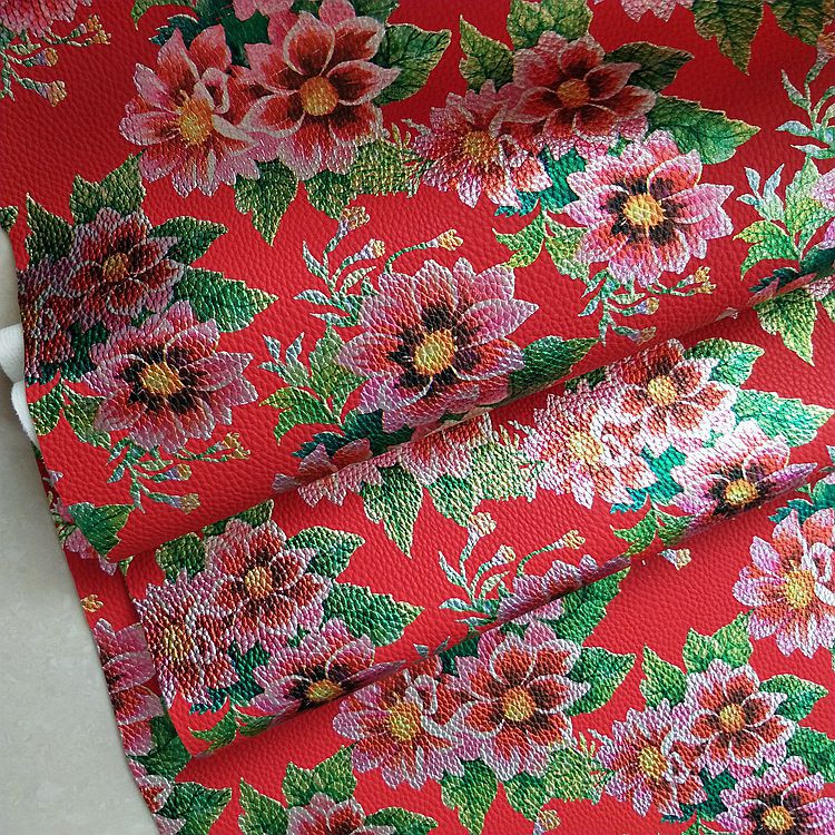 箱包手袋荔枝纹金属花朵面料L7381包装革材料贴膜印花人造革