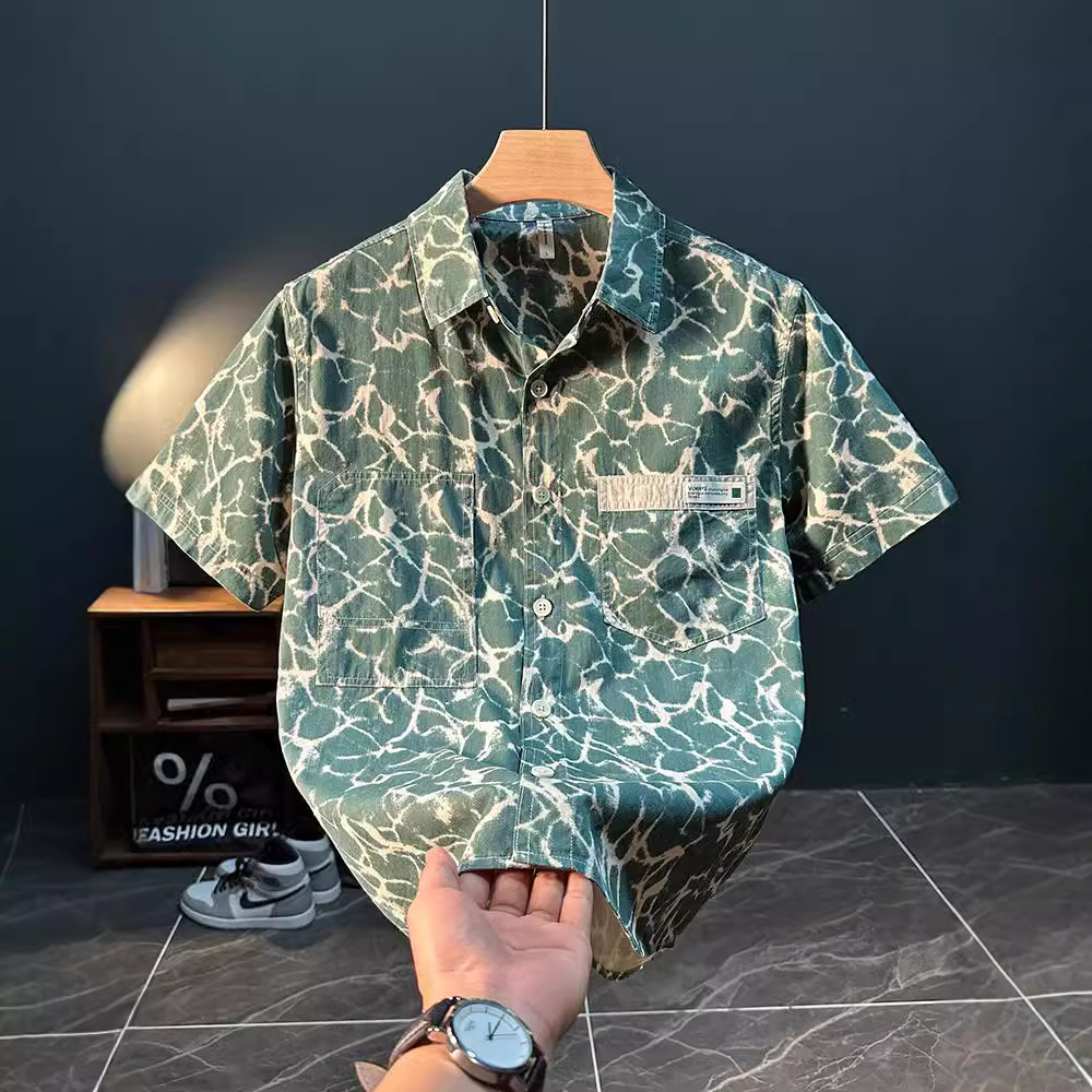 Light Luxury Japanese Style Personalized Printed Short-Sleeved Shirt Men's Summer Fashion Brand Fashion Casual Literary Versatile Loose Shirt