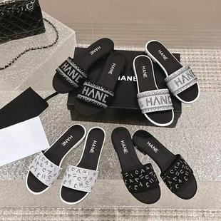 High-Heeled ~ Chanel-Style Women's Slippers 2025 New Letter Rhinestone Slip-On Chunky Heel Lazy Casual High-Heeled Sandals