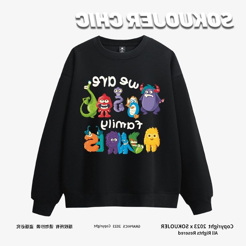 High-Quality American-Style Round-Neck Heavyweight Sweatshirt for Women, New Autumn and Winter Casual Monster Family Print Loose Oversized Top