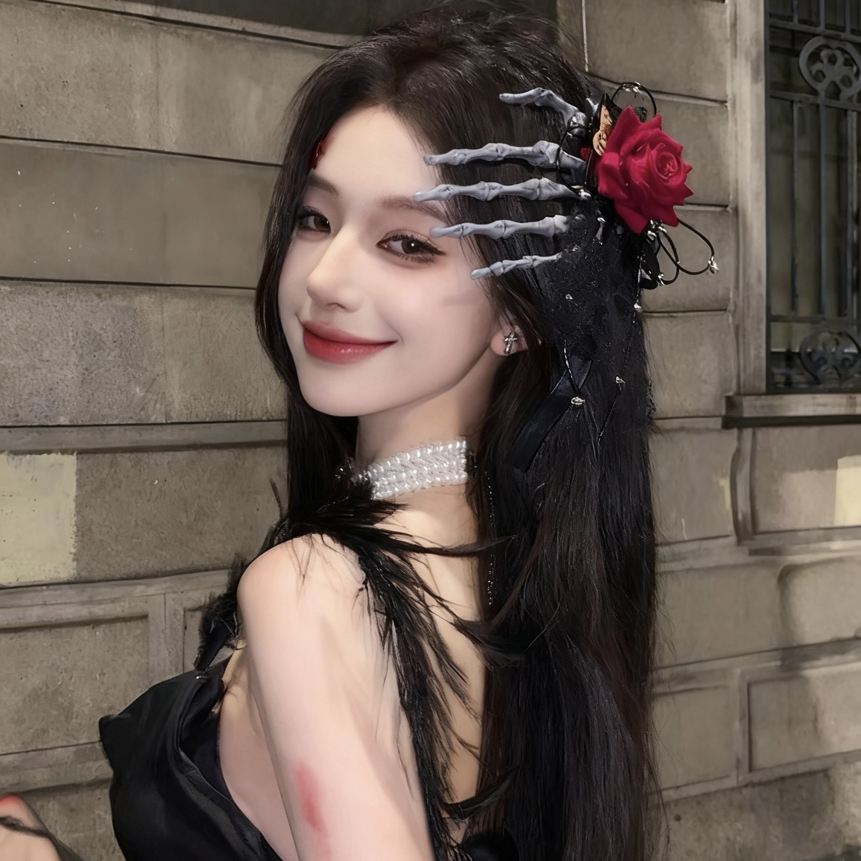 Lolita Headdress Cos Dark Gothic Wine Red Rose Skull Finger Hairpin Halloween Hair Accessories Props Dress up