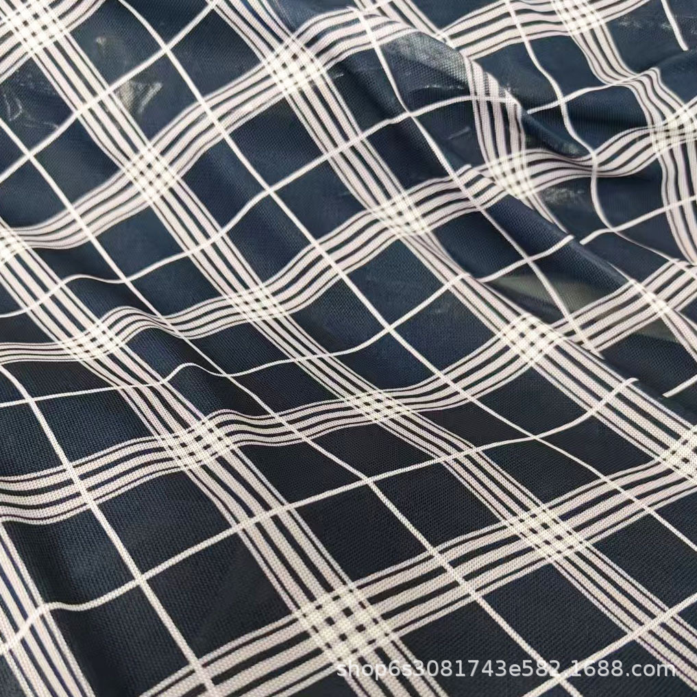 俊雅纺织-竖横条交错格纹网纱印花-经典欧美几何格纹时装女装面料