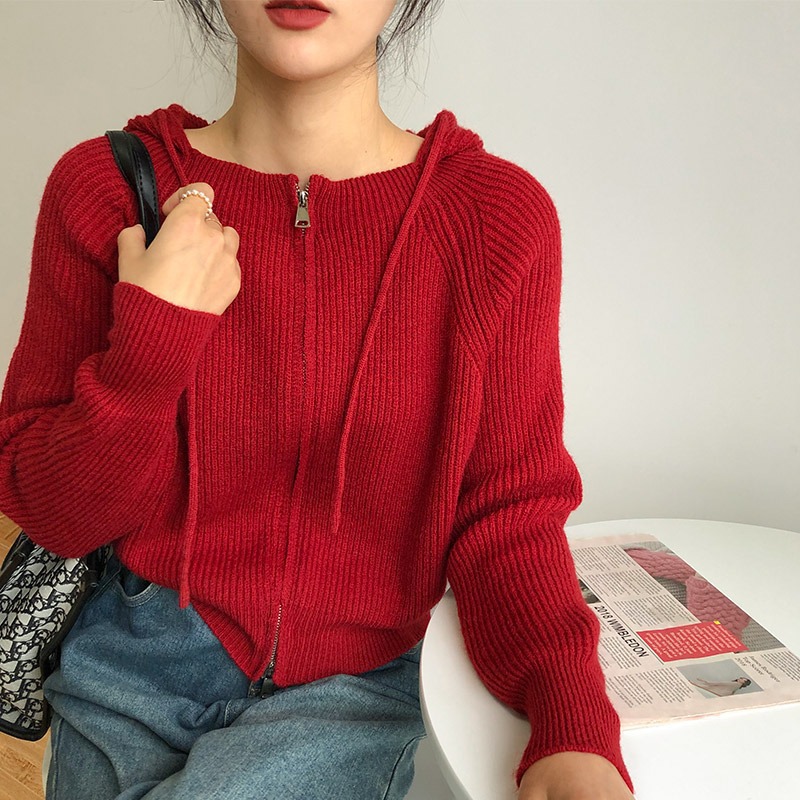 (2개) 여성용 지퍼 후드 니트 가디건, 여성용 복고풍 일본식 게으른 스타일 스웨터 재킷, 가을, 겨울 디자인, 짧은 스타일