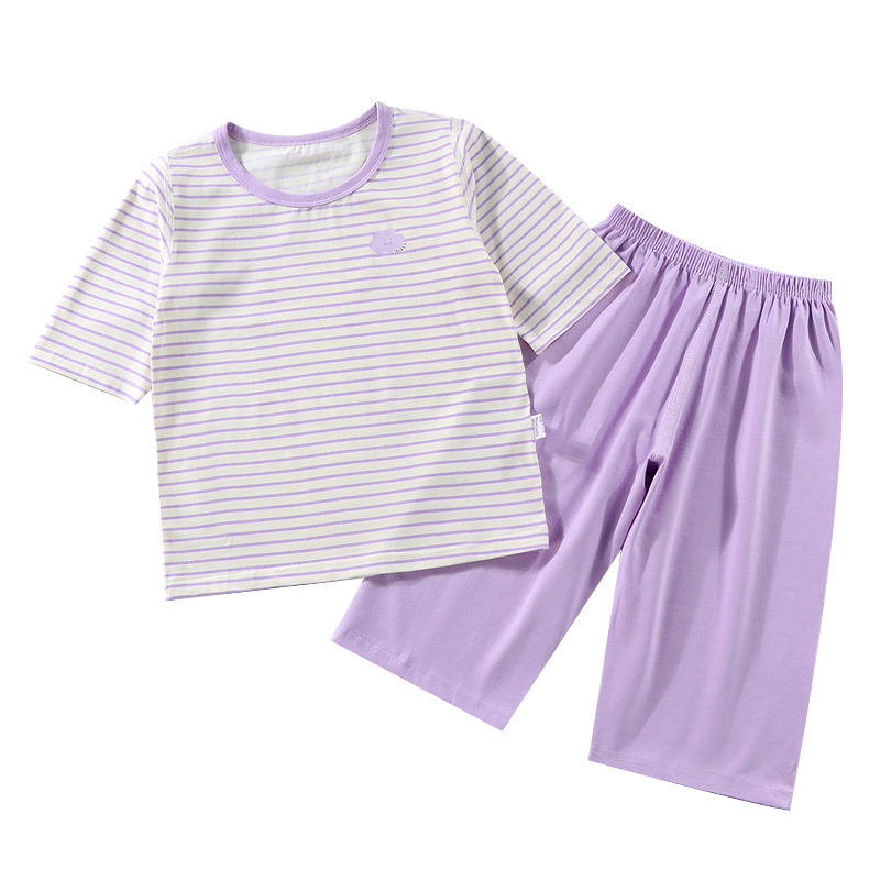 Primavera y verano delgada pijamas de algodón a rayas para niños y niñas, ropa para el hogar, ropa de aire acondicionado para bebés, set de padres e hijos