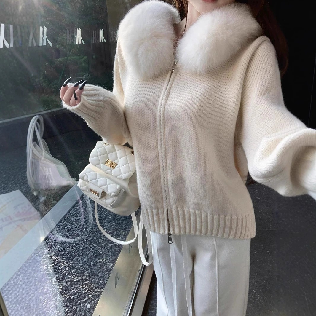 Cross-border coreano retro otoño invierno jersey de punto mujeres relajado casual versátil de manga larga cuello con capuchón suéter chaqueta mujer