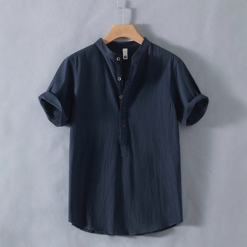 Slim Fit Breathable Linen Men's Short-Sleeve High-End Chinese Stand Collar Top Summer Cotton-Linen T-Shirt Men's Polo Shirt