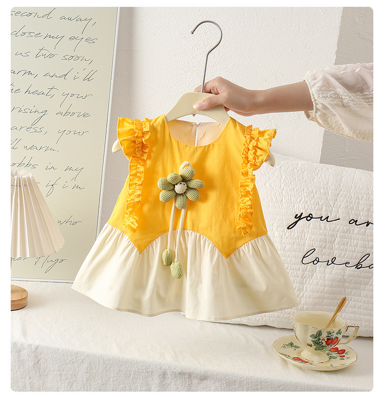 Vestido de algodón con mangas voladoras con costuras de flores para bebés y niños pequeños, vestido de princesa con chaleco con orejas de madera para bebés de nuevo estilo de verano