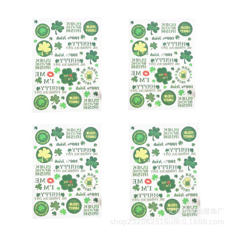 Verde irlandés pegatinas de tatuaje de trébol día de San Patricio cuatro hojas fiesta pegatinas de tatuaje impermeables