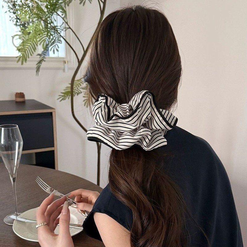 韩系黑色条纹双层大肠发圈女高级感慵懒风扎头发超大百搭发圈发饰|undefined