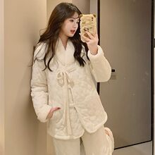 秋冬季女士新款新中式国风睡衣三层夹棉加厚保暖提花绒家居服套装