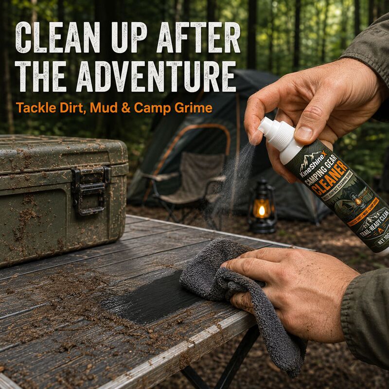 KineShineX camping equipment multi-surface cleaner for outdoor tables, chairs, equipment boxes, and camping supplies to remove dirt