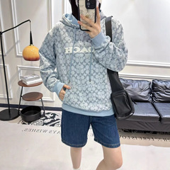 蔻家卫衣女25年新款香布雷蓝色满印毛巾袖字母连帽卫衣套头帽衫男
