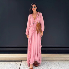 跨境欧美不规则荷叶边仙气大摆连衣裙领仙女裙度假长裙