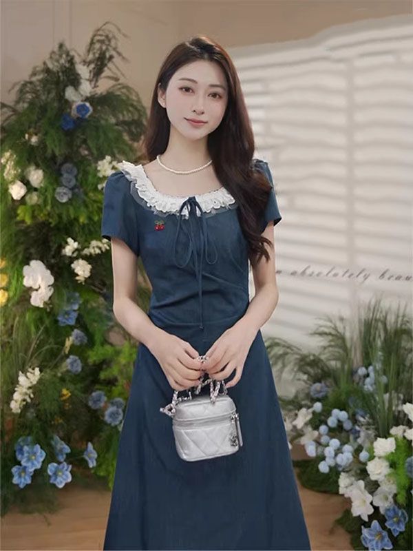 2025 夏の新スタイルフレンチブルースクエアカラードレス女性のウエスト痩身美しいスカート|undefined