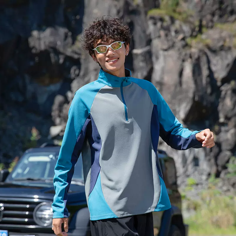 OOTD户外撞色半拉吸湿速干动长袖T恤女秋季7A抗菌衣潮牌情侣上衣